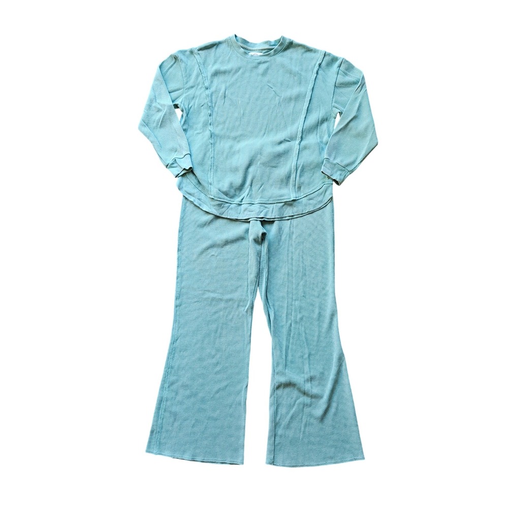 Sunnyside by Sundry Womens Waffle Knit Lounge Set Seafoam Green Size L 2 Piece